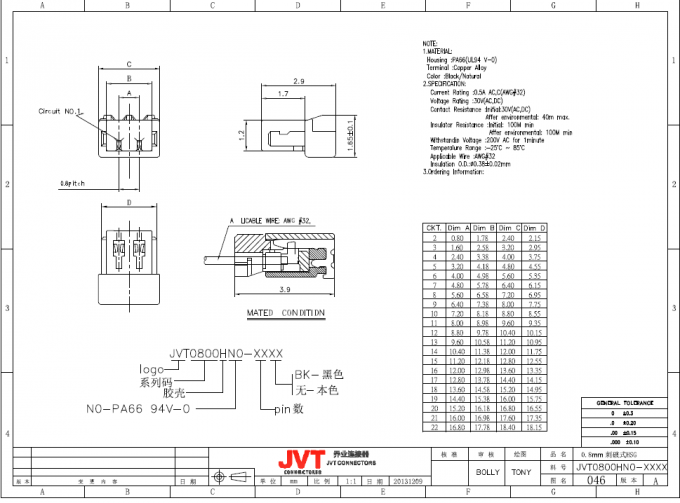 JVT 0.8mm van de de Stijl de Afneembare Isolatie van Hoogtecimp Schakelaar van de de Verplaatsingsidc Contactdoos