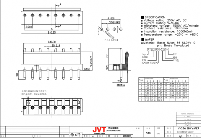 VH3.96mm Hoogte, tin-Geplateerd Onderdompelingstype, Raad aan Draadschakelaars 2-16Pin